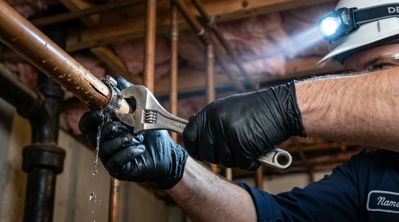 Emergency pipe clamp repair being performed by a Johns Plumbing LLC plumber in Frisco